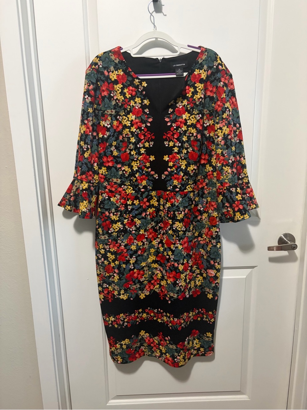 Liz Claiborne Black Floral Midi Dress with Red and Yellow Blooms